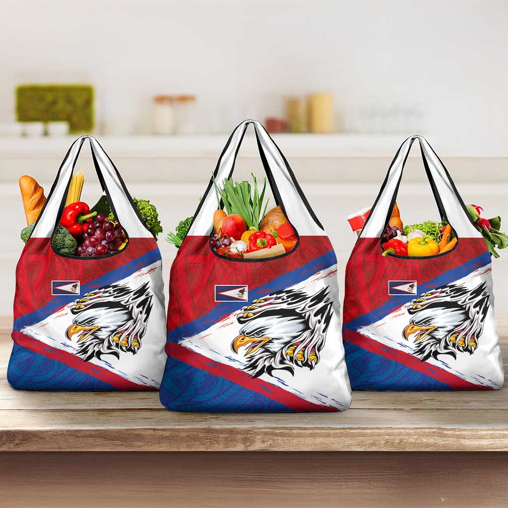American Samoa Flag Day Grocery Bag Polynesian Art Geometric with Flag Brush Style