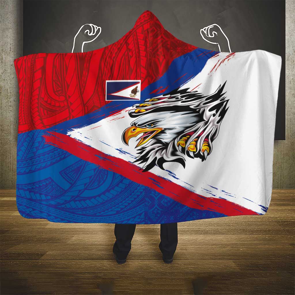 American Samoa Flag Day Hooded Blanket Polynesian Art Geometric with Flag Brush Style