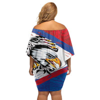 American Samoa Flag Day Off Shoulder Short Dress Polynesian Art Geometric with Flag Brush Style