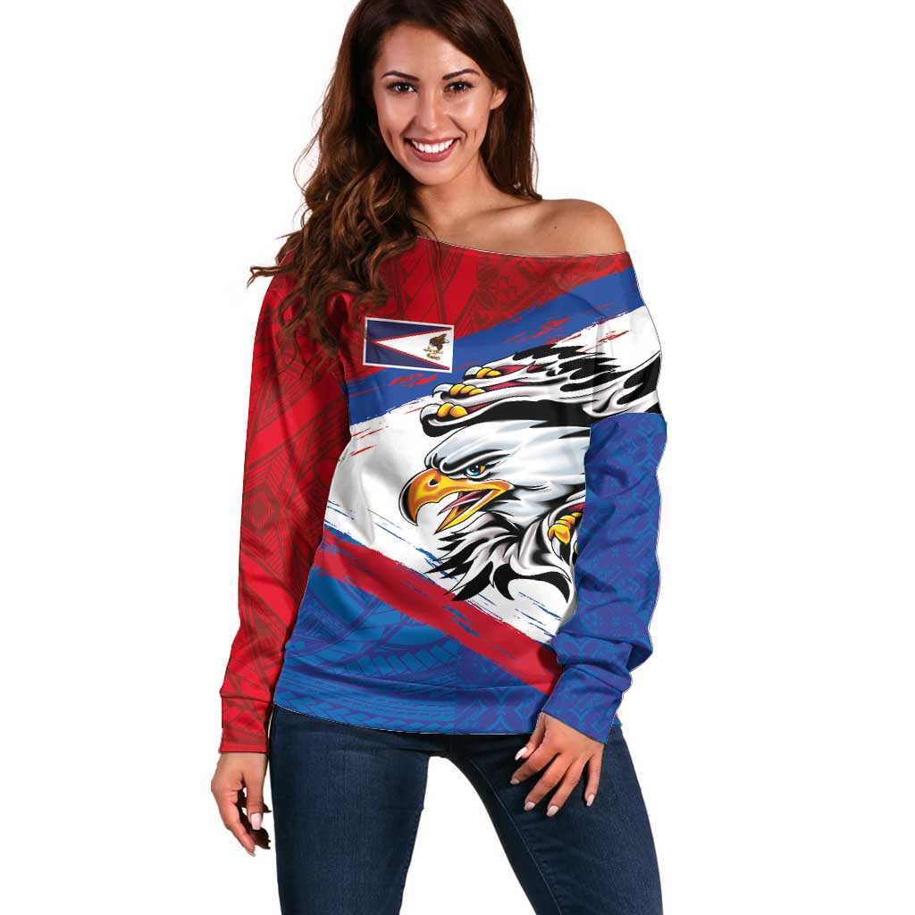 American Samoa Flag Day Off Shoulder Sweater Polynesian Art Geometric with Flag Brush Style