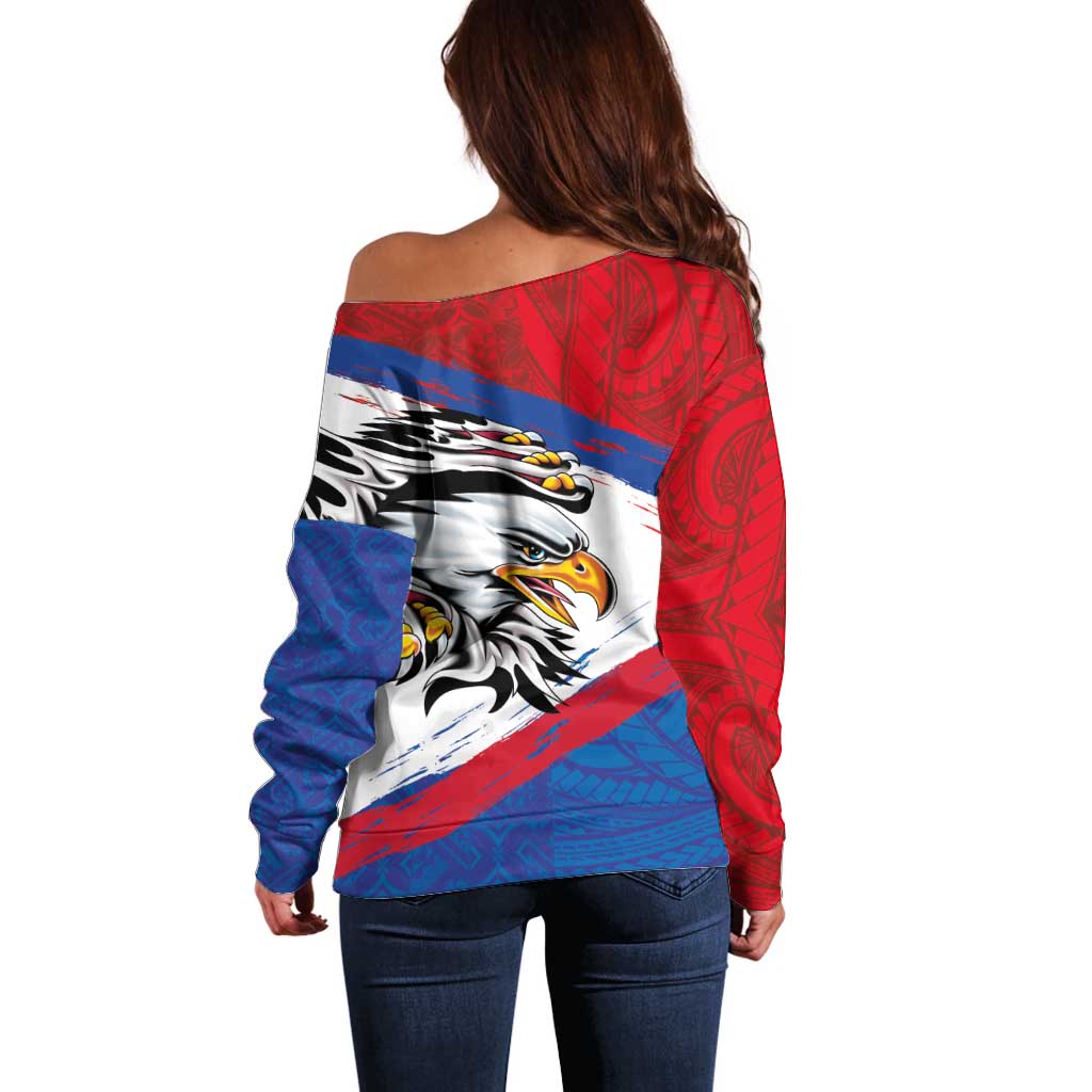 American Samoa Flag Day Off Shoulder Sweater Polynesian Art Geometric with Flag Brush Style