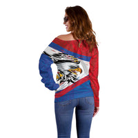American Samoa Flag Day Off Shoulder Sweater Polynesian Art Geometric with Flag Brush Style