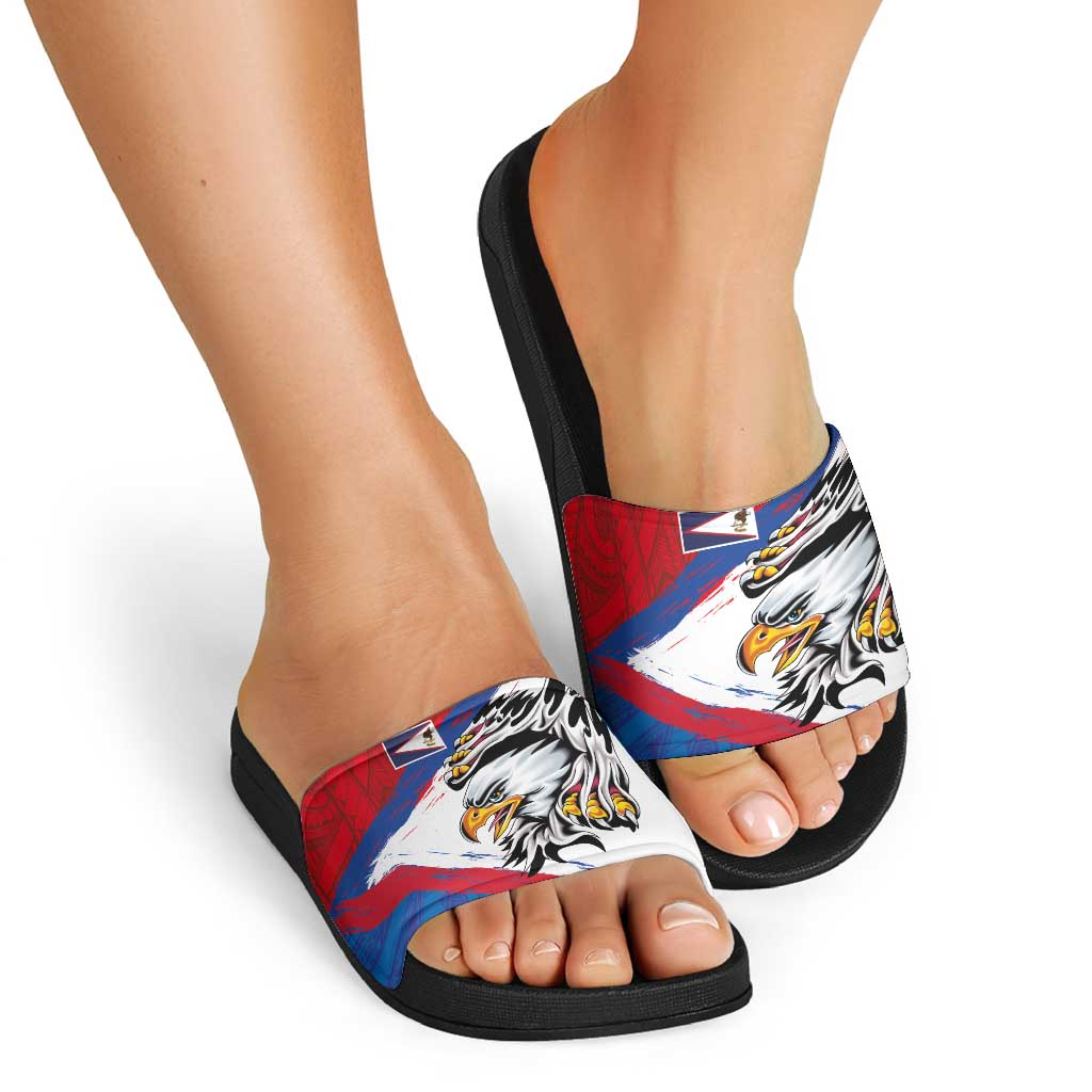 American Samoa Flag Day Slide Sandals Polynesian Art Geometric with Flag Brush Style