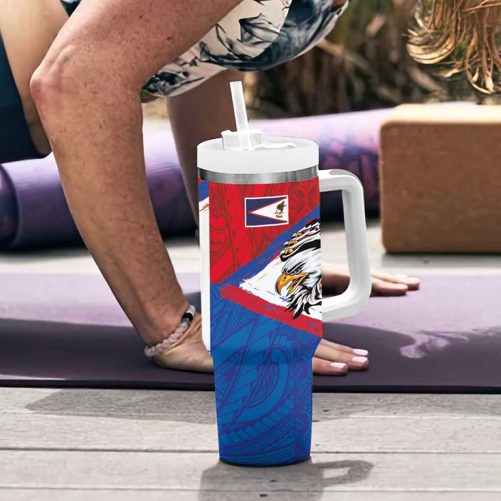 American Samoa Flag Day Tumbler With Handle Polynesian Art Geometric with Flag Brush Style