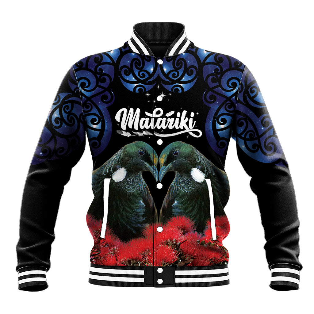 New Zealand Maori Matariki Baseball Jacket Hongi Tui Bird Pohutukawa and Polynesia Tribal LT03 Unisex Black - Polynesian Pride
