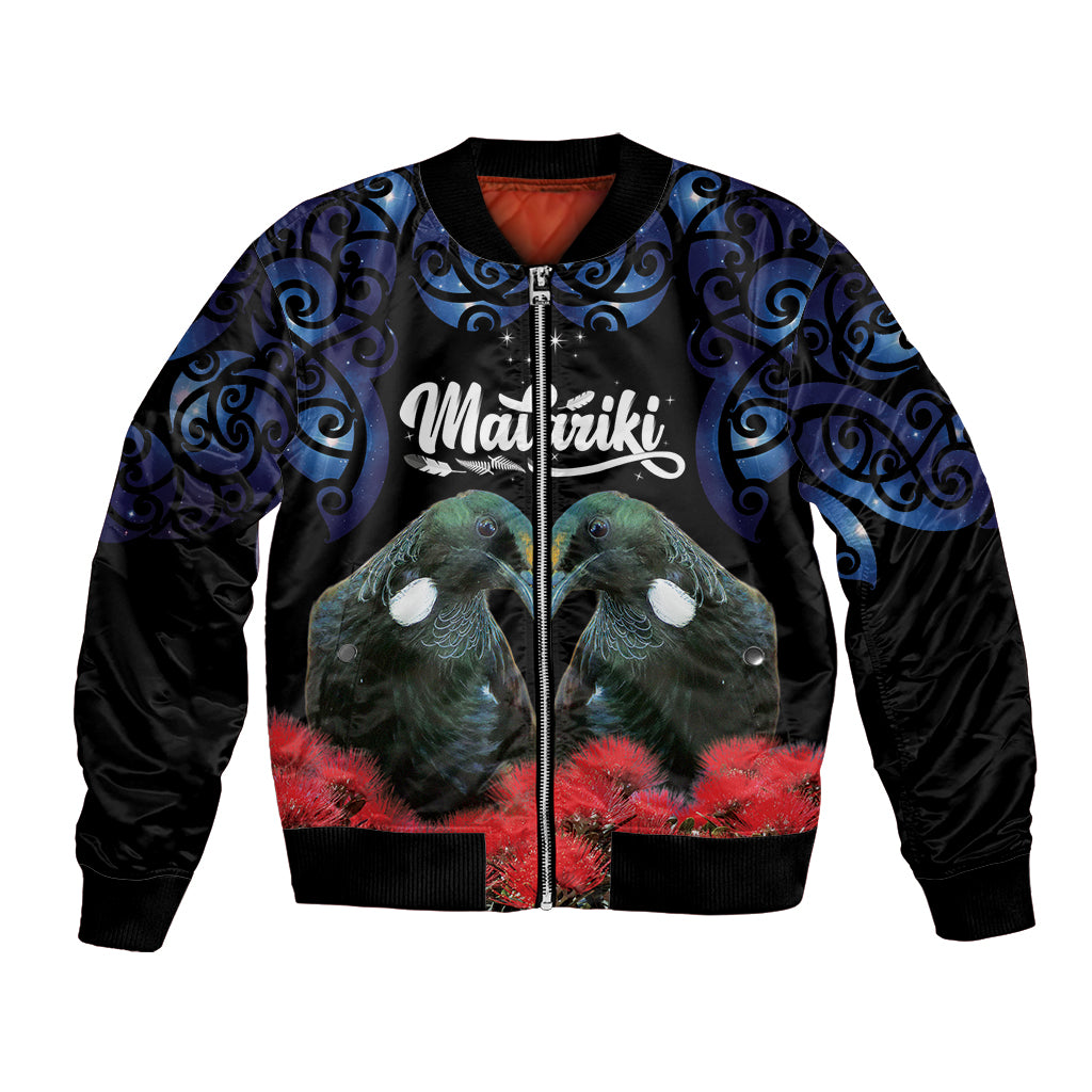 New Zealand Maori Matariki Bomber Jacket Hongi Tui Bird Pohutukawa and Polynesia Tribal LT03 Unisex Black - Polynesian Pride