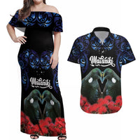 New Zealand Maori Matariki Couples Matching Off Shoulder Maxi Dress and Hawaiian Shirt Hongi Tui Bird Pohutukawa and Polynesia Tribal LT03 Black - Polynesian Pride