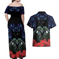 New Zealand Maori Matariki Couples Matching Off Shoulder Maxi Dress and Hawaiian Shirt Hongi Tui Bird Pohutukawa and Polynesia Tribal LT03 - Polynesian Pride