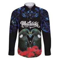 New Zealand Maori Matariki Family Matching Mermaid Dress and Hawaiian Shirt Hongi Tui Bird Pohutukawa and Polynesia Tribal LT03 Dad's Shirt - Long Sleeve Black - Polynesian Pride