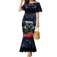 New Zealand Maori Matariki Family Matching Mermaid Dress and Hawaiian Shirt Hongi Tui Bird Pohutukawa and Polynesia Tribal LT03 Mom's Dress Black - Polynesian Pride