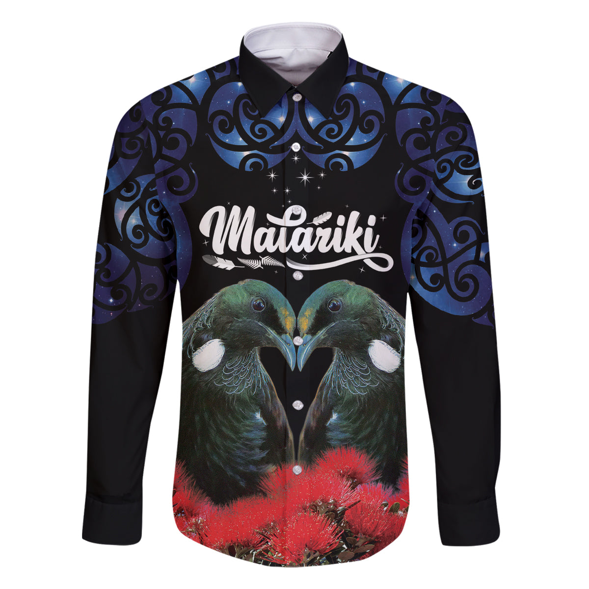 New Zealand Maori Matariki Family Matching Off Shoulder Maxi Dress and Hawaiian Shirt Hongi Tui Bird Pohutukawa and Polynesia Tribal LT03 Dad's Shirt - Long Sleeve Black - Polynesian Pride