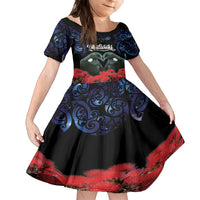 New Zealand Maori Matariki Family Matching Off Shoulder Short Dress and Hawaiian Shirt Hongi Tui Bird Pohutukawa and Polynesia Tribal LT03 Daughter's Dress Black - Polynesian Pride
