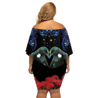 New Zealand Maori Matariki Family Matching Off Shoulder Short Dress and Hawaiian Shirt Hongi Tui Bird Pohutukawa and Polynesia Tribal LT03 - Polynesian Pride