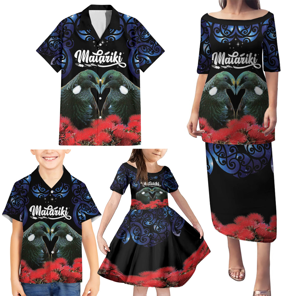 New Zealand Maori Matariki Family Matching Puletasi and Hawaiian Shirt Hongi Tui Bird Pohutukawa and Polynesia Tribal LT03 - Polynesian Pride