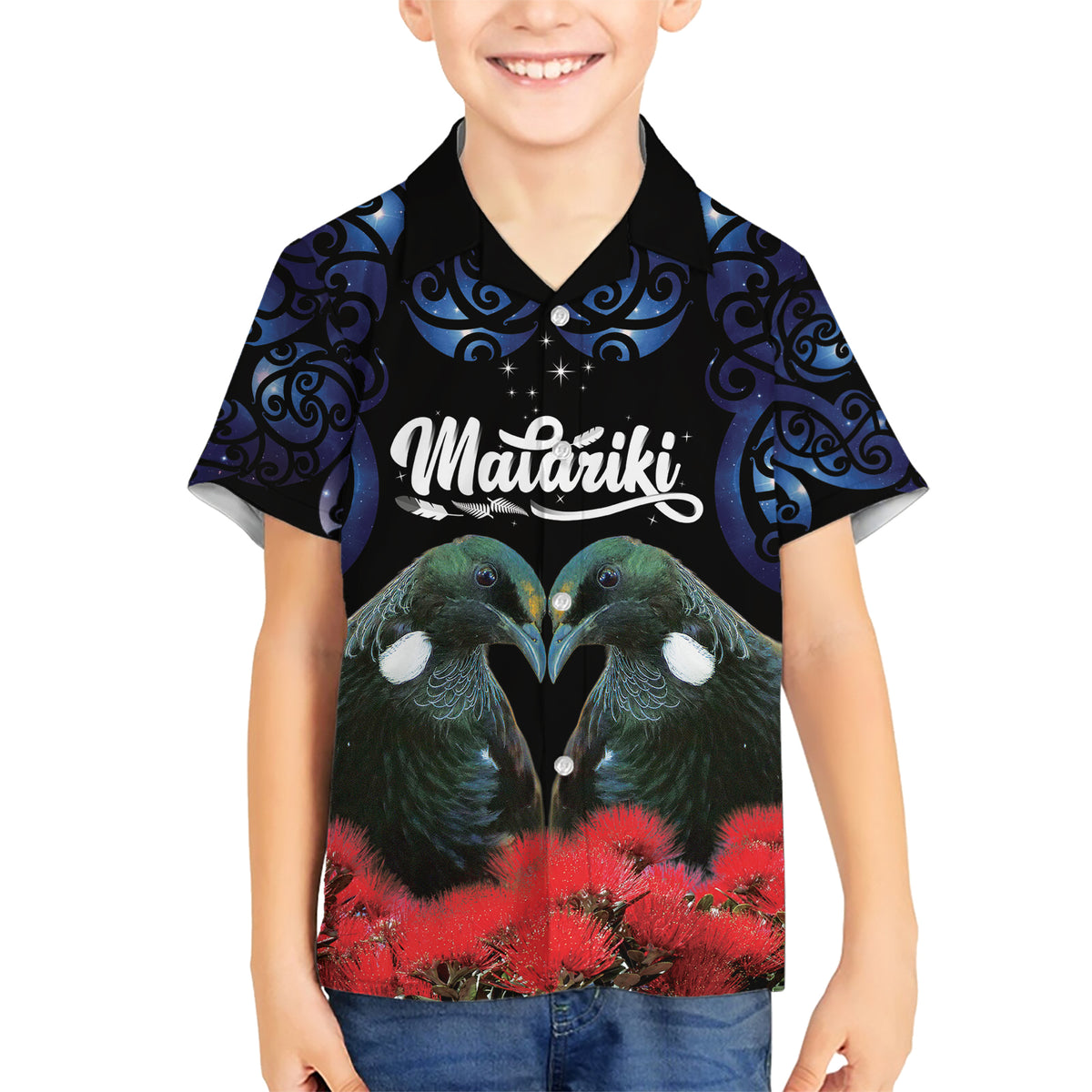 New Zealand Maori Matariki Family Matching Short Sleeve Bodycon Dress and Hawaiian Shirt Hongi Tui Bird Pohutukawa and Polynesia Tribal LT03 Son's Shirt Black - Polynesian Pride