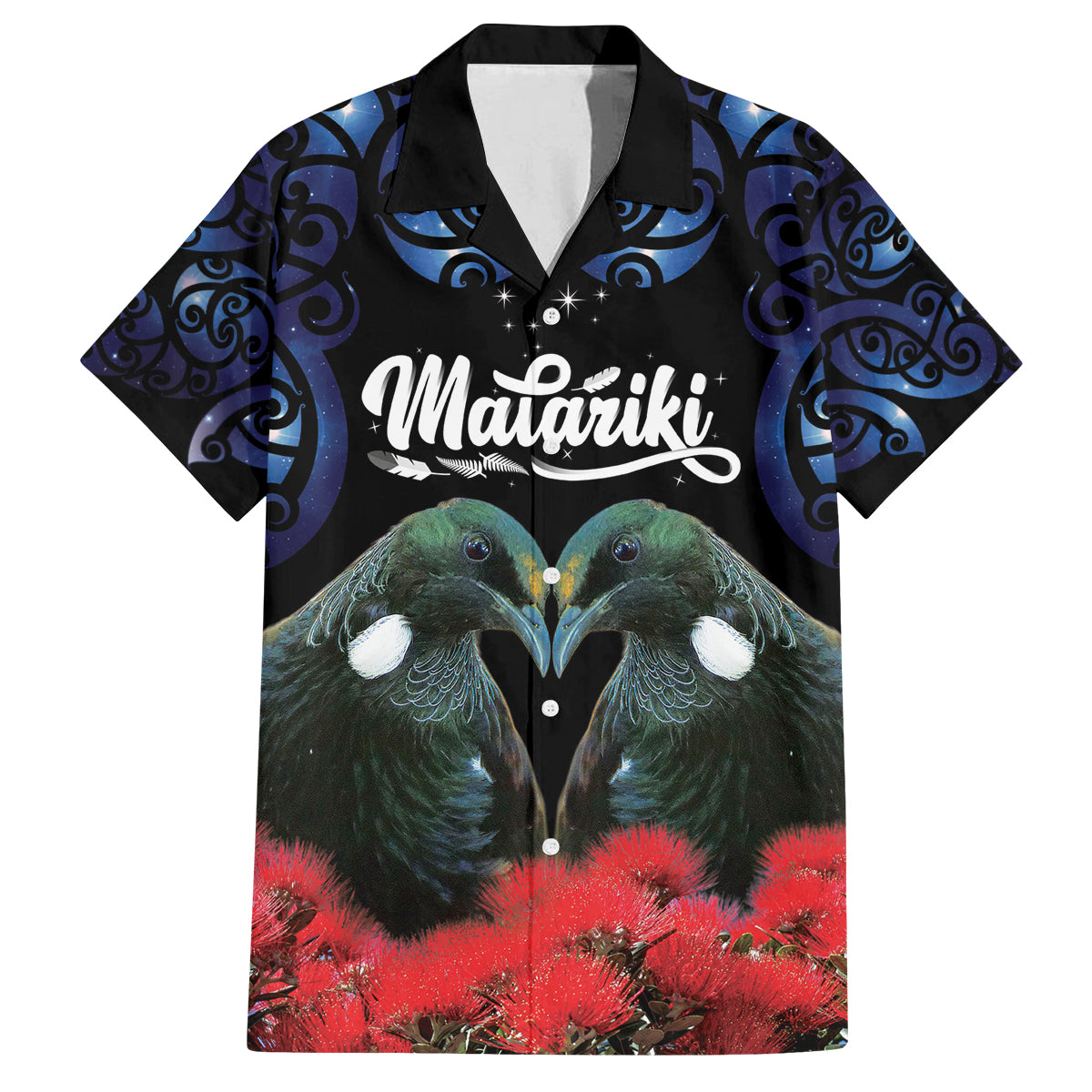 New Zealand Maori Matariki Family Matching Tank Maxi Dress and Hawaiian Shirt Hongi Tui Bird Pohutukawa and Polynesia Tribal LT03 Dad's Shirt - Short Sleeve Black - Polynesian Pride