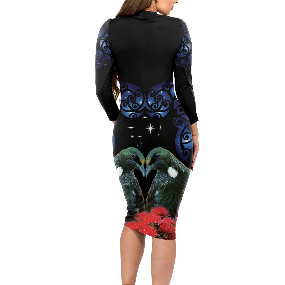 New Zealand Maori Matariki Long Sleeve Bodycon Dress Hongi Tui Bird Pohutukawa and Polynesia Tribal LT03 - Polynesian Pride
