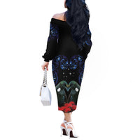 New Zealand Maori Matariki Off The Shoulder Long Sleeve Dress Hongi Tui Bird Pohutukawa and Polynesia Tribal LT03 - Polynesian Pride