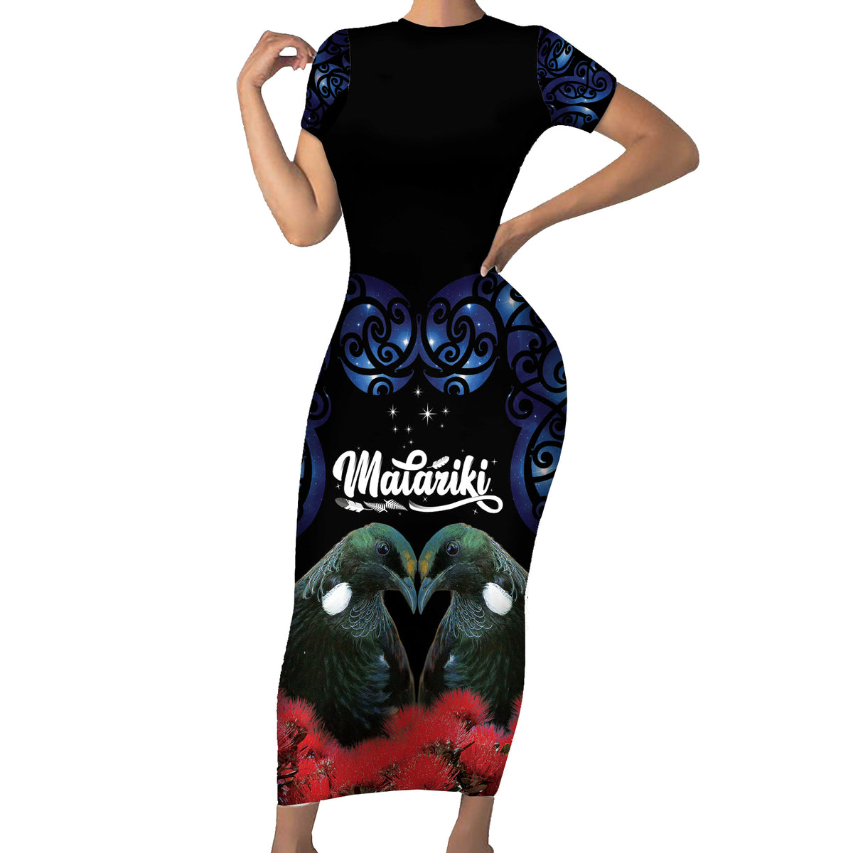 New Zealand Maori Matariki Short Sleeve Bodycon Dress Hongi Tui Bird Pohutukawa and Polynesia Tribal LT03 Long Dress Black - Polynesian Pride