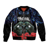 New Zealand Maori Matariki Sleeve Zip Bomber Jacket Hongi Tui Bird Pohutukawa and Polynesia Tribal LT03 Unisex Black - Polynesian Pride