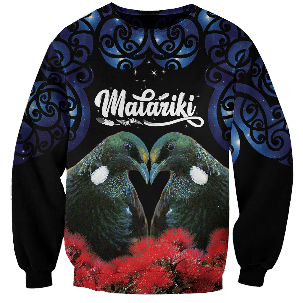 New Zealand Maori Matariki Sweatshirt Hongi Tui Bird Pohutukawa and Polynesia Tribal LT03 Unisex Black - Polynesian Pride