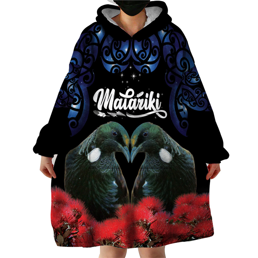 New Zealand Maori Matariki Wearable Blanket Hoodie Hongi Tui Bird Pohutukawa and Polynesia Tribal LT03 - Polynesian Pride