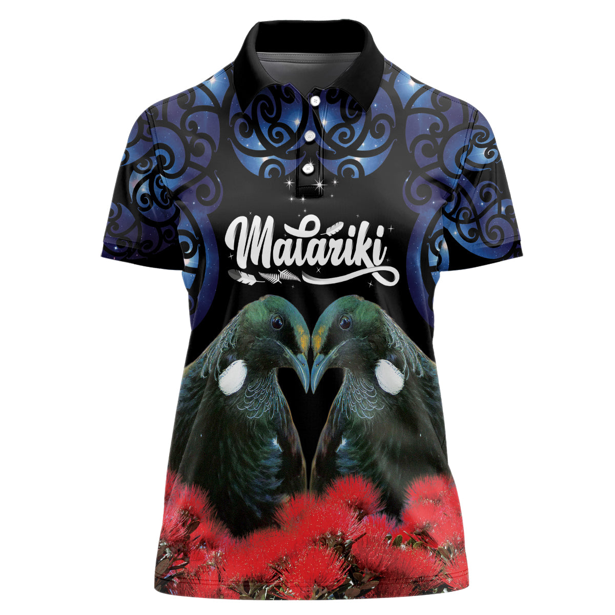 New Zealand Maori Matariki Women Polo Shirt Hongi Tui Bird Pohutukawa and Polynesia Tribal LT03 Female Black - Polynesian Pride