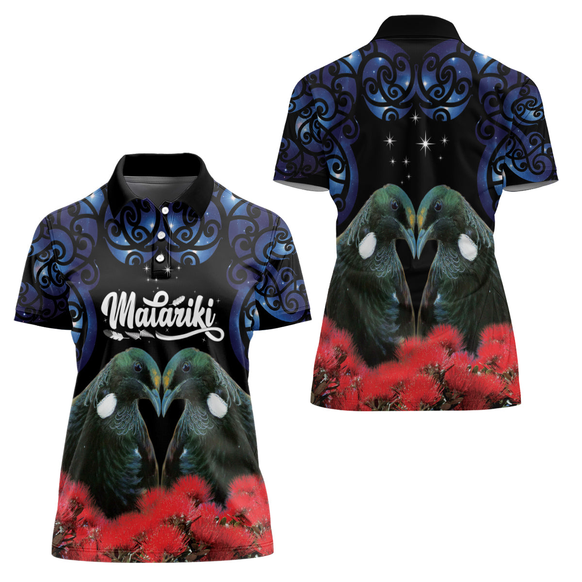 New Zealand Maori Matariki Women Polo Shirt Hongi Tui Bird Pohutukawa and Polynesia Tribal LT03 - Polynesian Pride