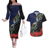 New Zealand Maori Hongi Culture Couples Matching Off The Shoulder Long Sleeve Dress and Hawaiian Shirt Tui Bird Pohutukawa and Polynesian Pattern
