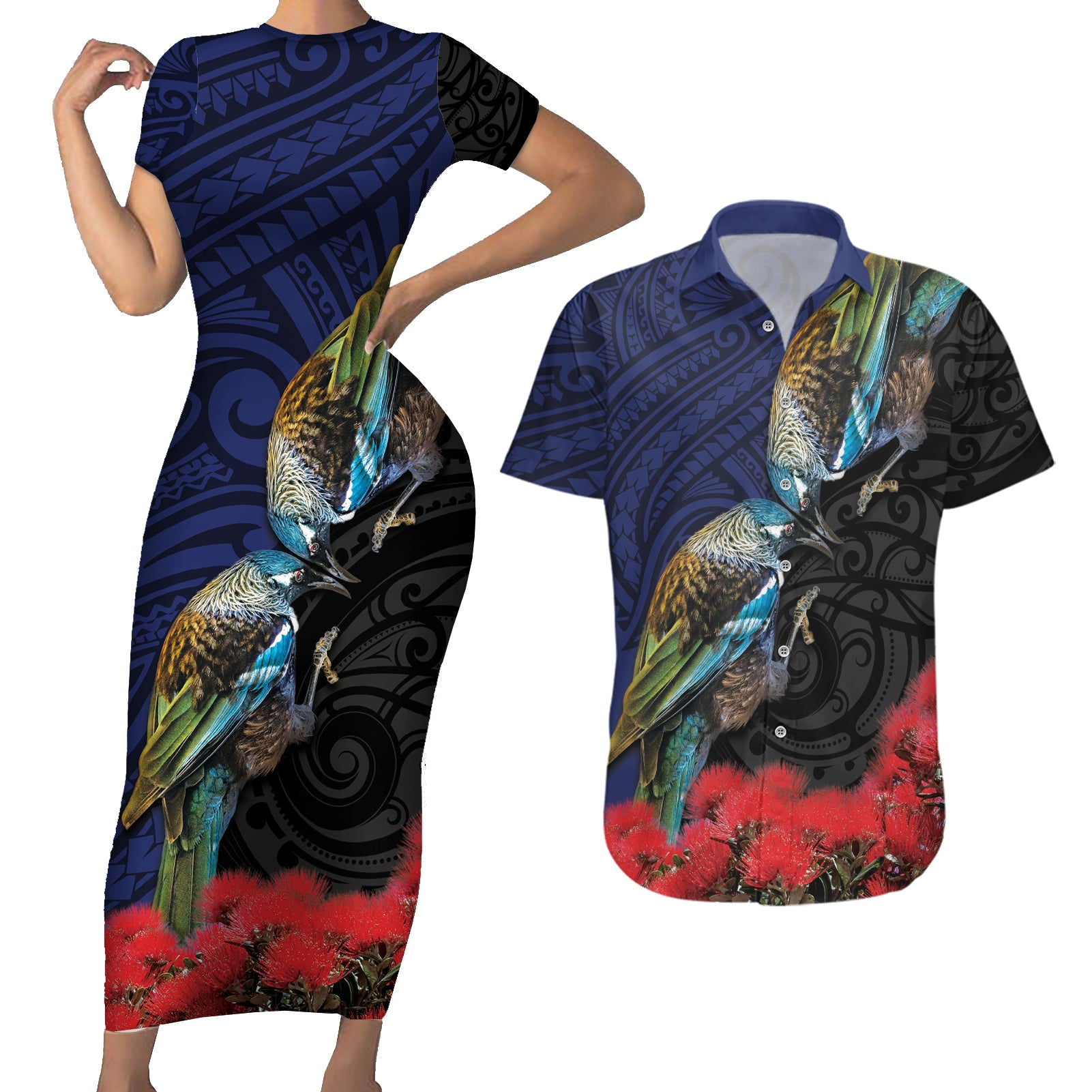 New Zealand Maori Hongi Culture Couples Matching Short Sleeve Bodycon Dress and Hawaiian Shirt Tui Bird Pohutukawa and Polynesian Pattern