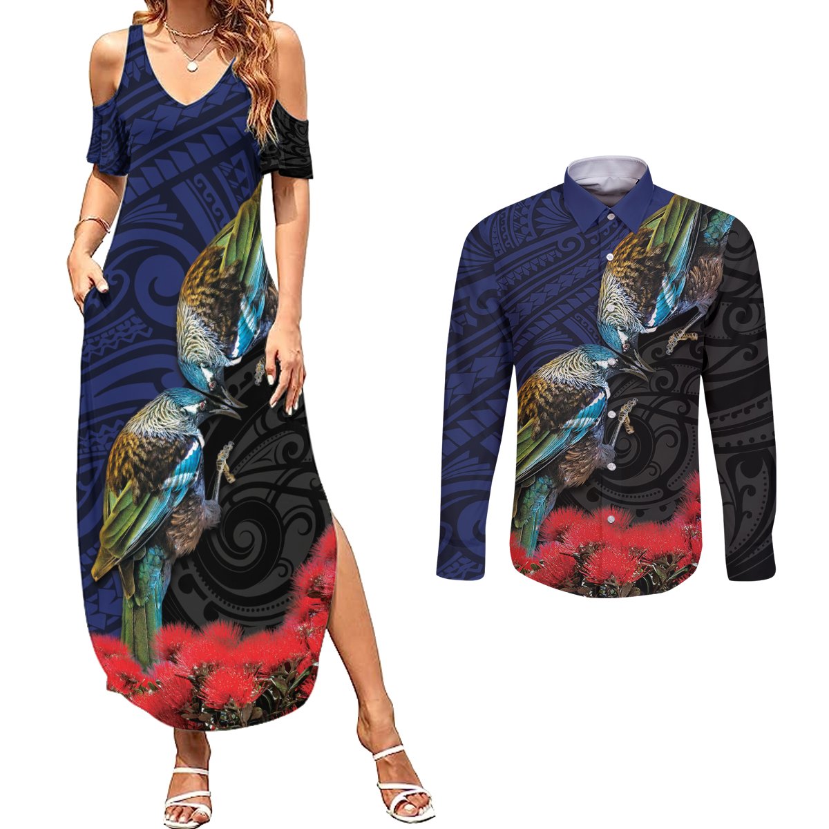 New Zealand Maori Hongi Culture Couples Matching Summer Maxi Dress and Long Sleeve Button Shirt Tui Bird Pohutukawa and Polynesian Pattern LT03 Blue - Polynesian Pride