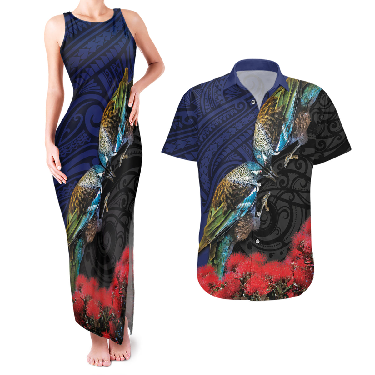 New Zealand Maori Hongi Culture Couples Matching Tank Maxi Dress and Hawaiian Shirt Tui Bird Pohutukawa and Polynesian Pattern LT03 Blue - Polynesian Pride