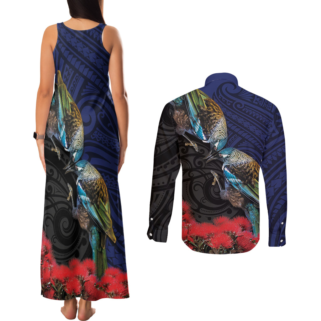 New Zealand Maori Hongi Culture Couples Matching Tank Maxi Dress and Long Sleeve Button Shirt Tui Bird Pohutukawa and Polynesian Pattern LT03 - Polynesian Pride
