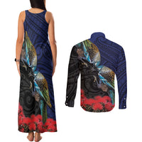 New Zealand Maori Hongi Culture Couples Matching Tank Maxi Dress and Long Sleeve Button Shirt Tui Bird Pohutukawa and Polynesian Pattern LT03 - Polynesian Pride