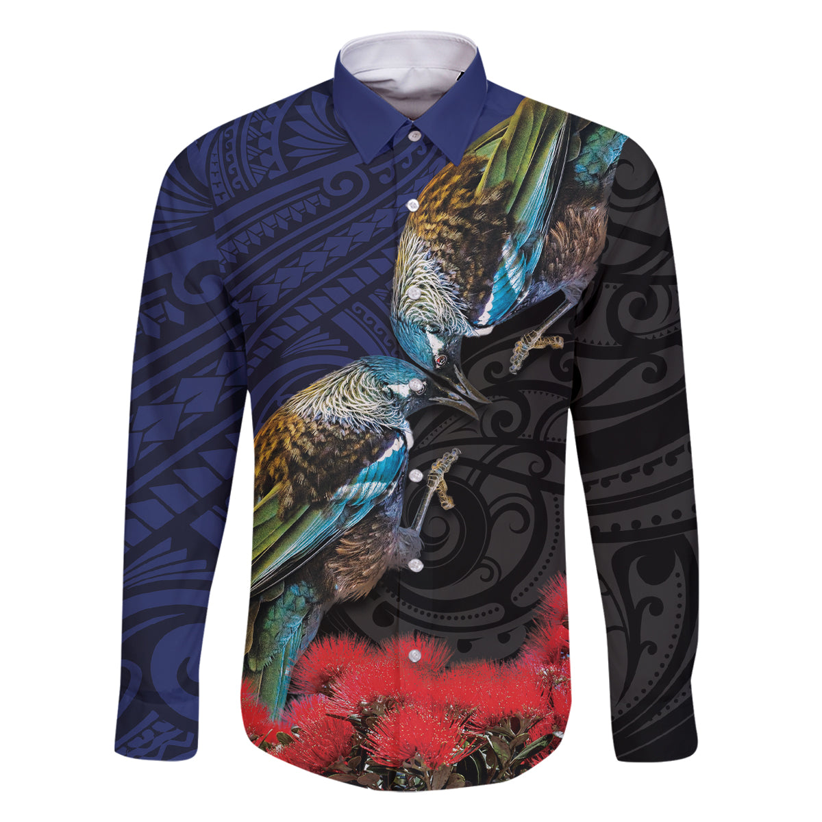 New Zealand Maori Hongi Culture Family Matching Mermaid Dress and Hawaiian Shirt Tui Bird Pohutukawa and Polynesian Pattern LT03 Dad's Shirt - Long Sleeve Blue - Polynesian Pride