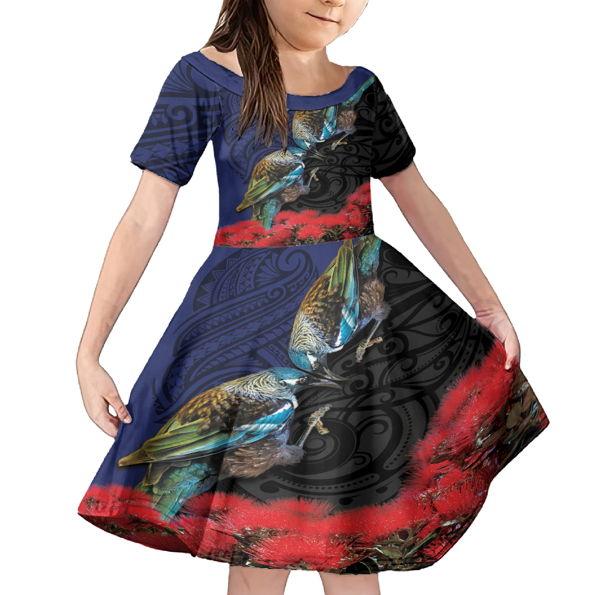 New Zealand Maori Hongi Culture Family Matching Off Shoulder Maxi Dress and Hawaiian Shirt Tui Bird Pohutukawa and Polynesian Pattern LT03 Daughter's Dress Blue - Polynesian Pride
