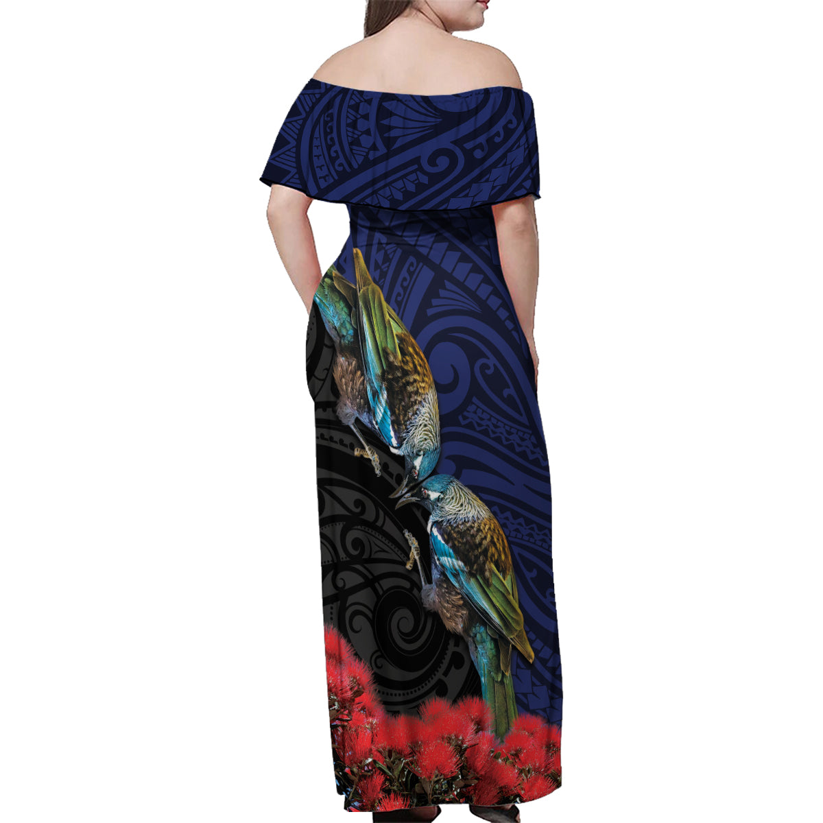 New Zealand Maori Hongi Culture Family Matching Off Shoulder Maxi Dress and Hawaiian Shirt Tui Bird Pohutukawa and Polynesian Pattern LT03 - Polynesian Pride