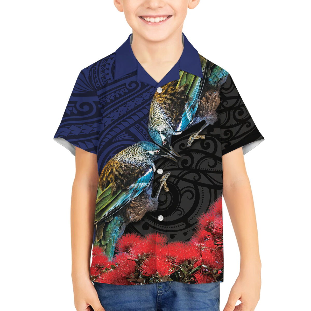 New Zealand Maori Hongi Culture Family Matching Off Shoulder Maxi Dress and Hawaiian Shirt Tui Bird Pohutukawa and Polynesian Pattern LT03 Son's Shirt Blue - Polynesian Pride