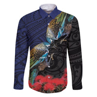 New Zealand Maori Hongi Culture Family Matching Puletasi and Hawaiian Shirt Tui Bird Pohutukawa and Polynesian Pattern LT03 Dad's Shirt - Long Sleeve Blue - Polynesian Pride