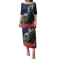 New Zealand Maori Hongi Culture Family Matching Puletasi and Hawaiian Shirt Tui Bird Pohutukawa and Polynesian Pattern LT03 Mom's Dress Blue - Polynesian Pride