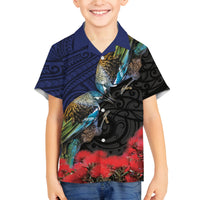 New Zealand Maori Hongi Culture Family Matching Puletasi and Hawaiian Shirt Tui Bird Pohutukawa and Polynesian Pattern LT03 Son's Shirt Blue - Polynesian Pride
