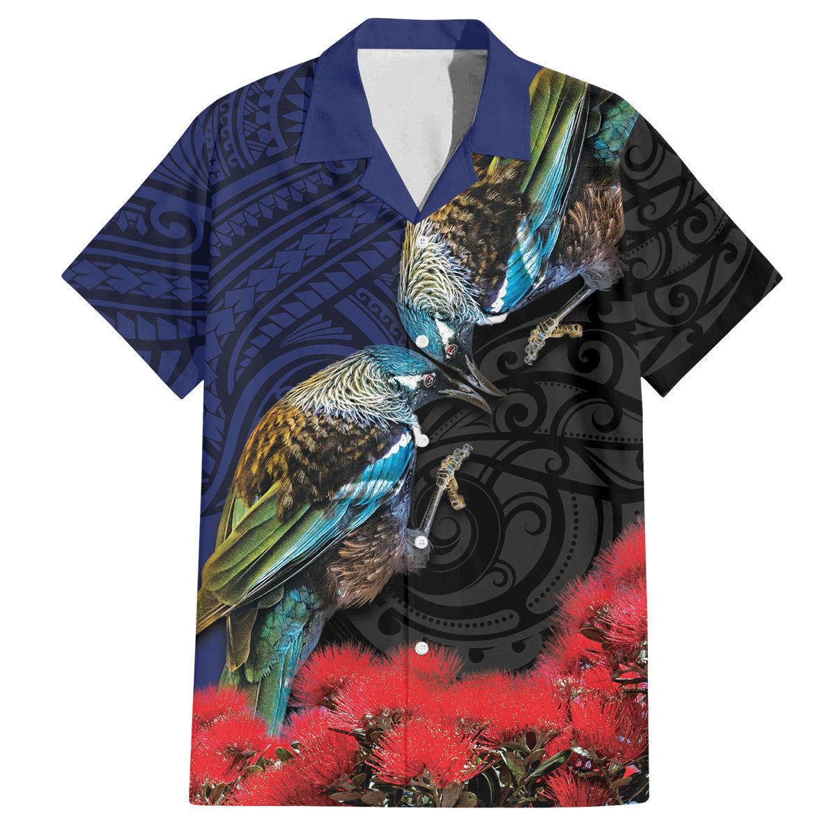 New Zealand Maori Hongi Culture Family Matching Summer Maxi Dress and Hawaiian Shirt Tui Bird Pohutukawa and Polynesian Pattern LT03 Dad's Shirt - Short Sleeve Blue - Polynesian Pride