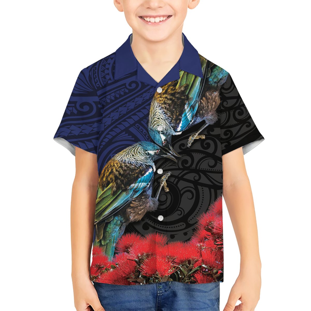 New Zealand Maori Hongi Culture Hawaiian Shirt Tui Bird Pohutukawa and Polynesian Pattern