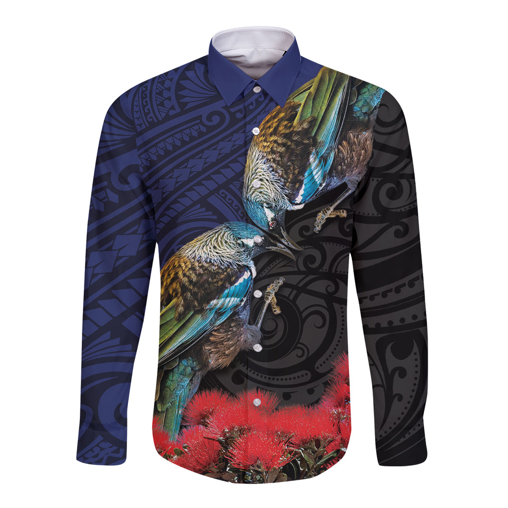 New Zealand Maori Hongi Culture Long Sleeve Button Shirt Tui Bird Pohutukawa and Polynesian Pattern