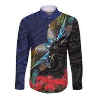 New Zealand Maori Hongi Culture Long Sleeve Button Shirt Tui Bird Pohutukawa and Polynesian Pattern