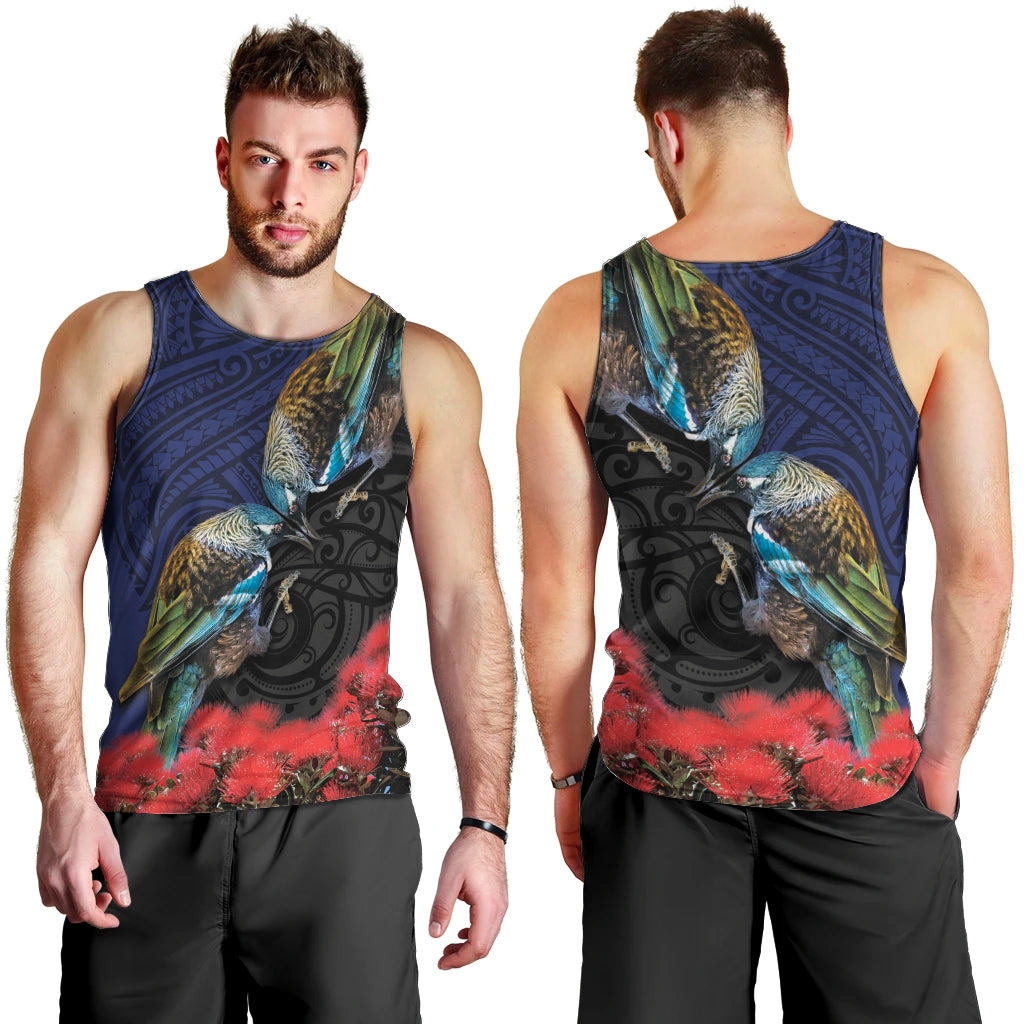 New Zealand Maori Hongi Culture Men Tank Top Tui Bird Pohutukawa and Polynesian Pattern LT03 - Polynesian Pride