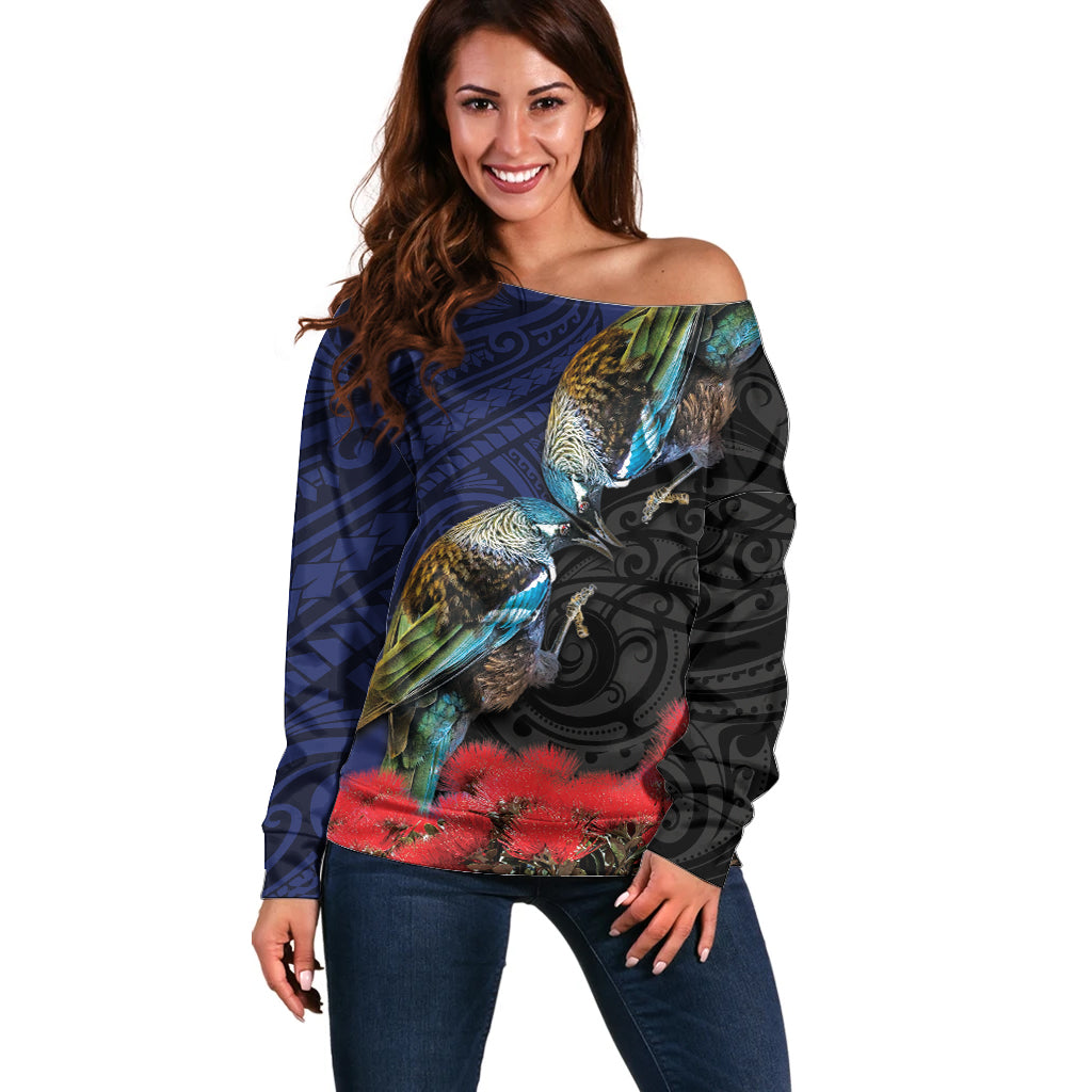 New Zealand Maori Hongi Culture Off Shoulder Sweater Tui Bird Pohutukawa and Polynesian Pattern