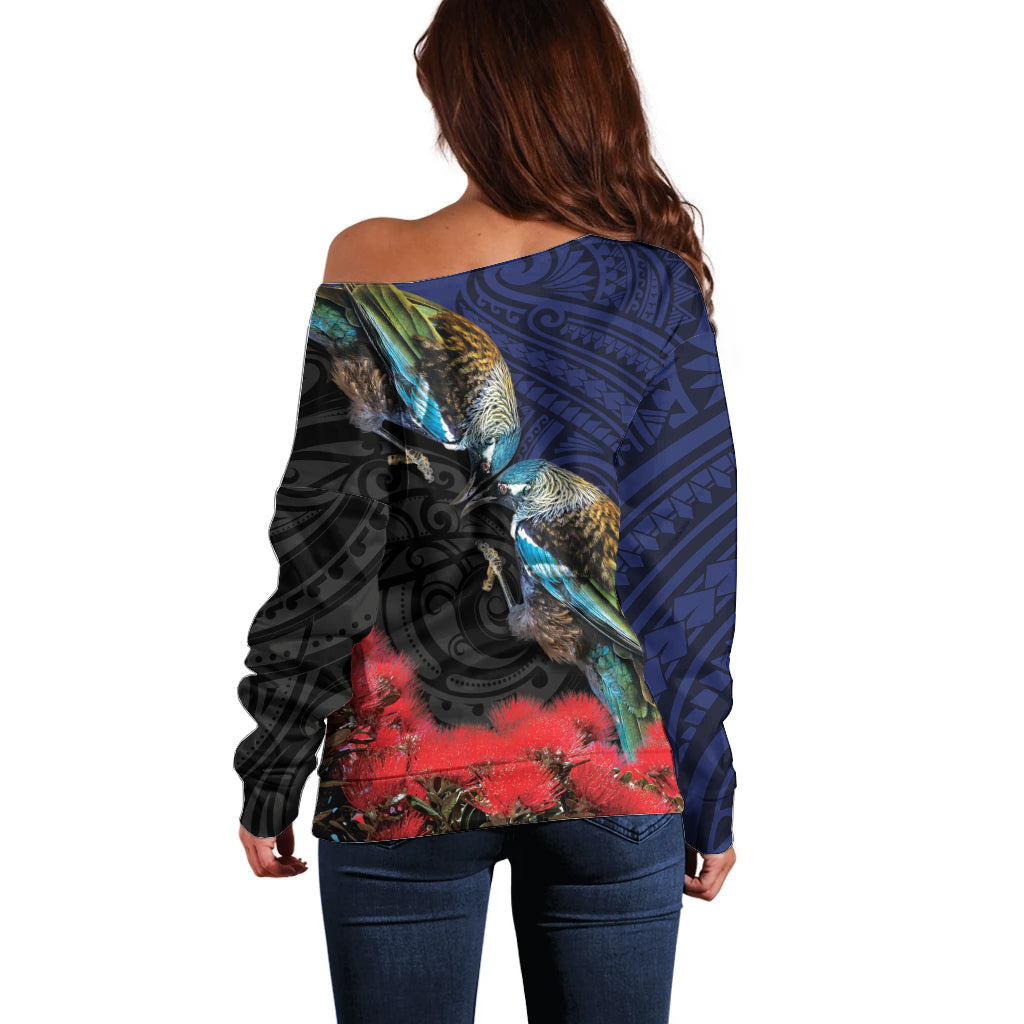 New Zealand Maori Hongi Culture Off Shoulder Sweater Tui Bird Pohutukawa and Polynesian Pattern