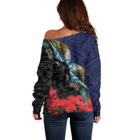 New Zealand Maori Hongi Culture Off Shoulder Sweater Tui Bird Pohutukawa and Polynesian Pattern