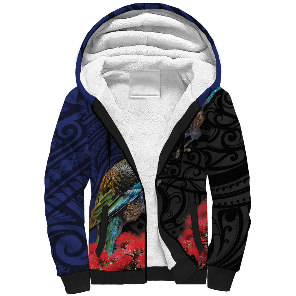 New Zealand Maori Hongi Culture Sherpa Hoodie Tui Bird Pohutukawa and Polynesian Pattern